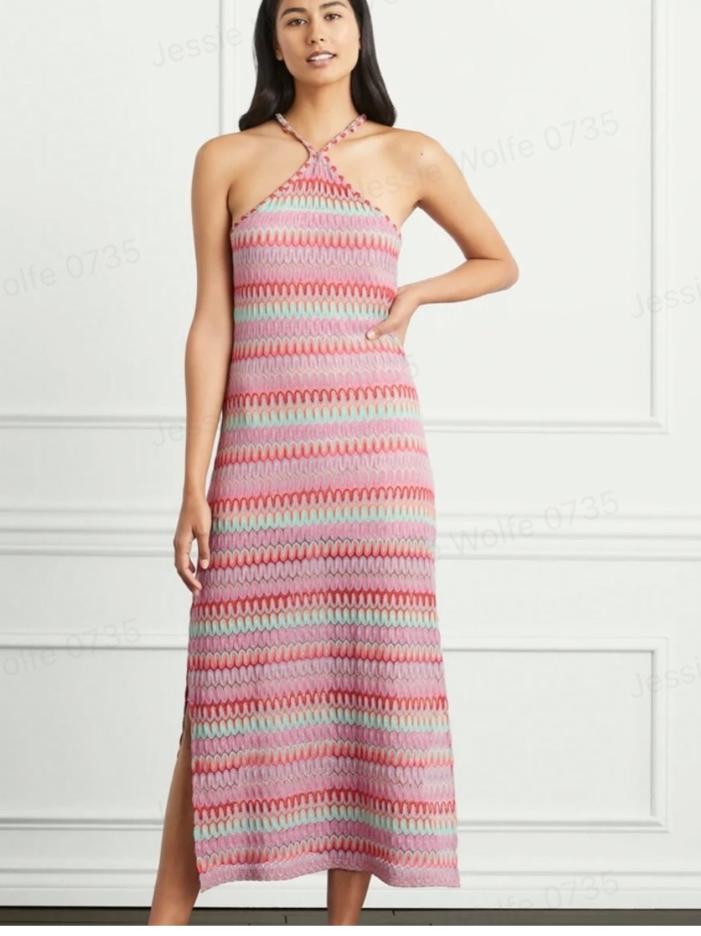 Hill House Pink Leah Sunset Crochet Halter Midi Dress Size L Made in Italy